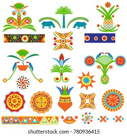 Set of ancient Egyptian and African traditional tribal abstract patterns, animals, flowers and birds