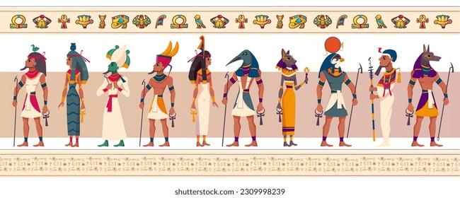 Set of ancient Egyptian gods and goddesses. Vector flat characters of Egypt mythology, myth Cairo statues. Ra, Bastet, Maat, Thoth, Anubis and Geb with religious symbols isolated on white background.