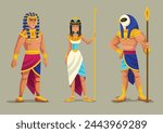 Set of Ancient Egyptian gods. Egyptian mythology characters. Cleopatra, Pharaoh and sun god Amon Ra or Horus with falcon head. King and Queen of Egypt. Cartoon flat vector illustration collection