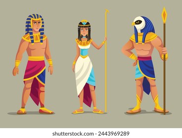 Set of Ancient Egyptian gods. Egyptian mythology characters. Cleopatra, Pharaoh and sun god Amon Ra or Horus with falcon head. King and Queen of Egypt. Cartoon flat vector illustration collection