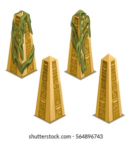 Conjunto de antiguos obelisks dorados de templo egipcio con jeroglíficos aislados en fondo blanco. Cierre de la ilustración del vector.