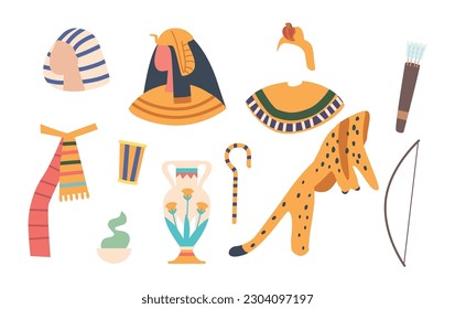 Set of Ancient Egyptian Items Pharaoh Wig and Staff, Golden Jewelry, Female Head with Gold Crown, Leopard Skin