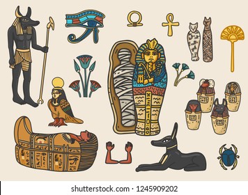 Set of ancient egyptian religion and cultural elements including sarcophagus, eye of horus, mummy, scarab, anubis, canopic jars; ka; ba; floral decoration elements. Isolated vector illustration.