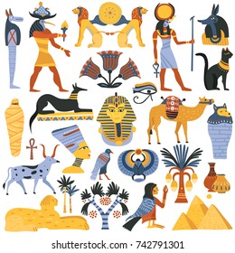 Set of ancient egyptian religion elements including gods, eye of ra, mummy, sphinx, scarab isolated vector illustration   