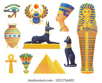 A set of ancient egyptian symbols. Elements religion, culture and power of egypt - pyramids, pharaoh, anubis, scarab beetle and etc. Flat vector isolated illustrations.