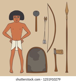 set of ancient  egyptian weapons, vector cartoon illustration with infantry soldier and axe; spear; bow, mace and shield