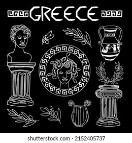 Set of ancient elements of Ancient Greece and Rome, hand-drawn in sketch style. Gorgon Medusa. Head of Perseus, vase with exploit, harp, laurel wreath, olive branch, columns of Ionic and Doric order.