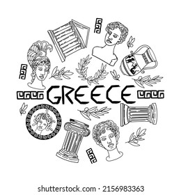 Set of ancient elements of Ancient Greece and Rome, hand-drawn doodle in sketch style. Gorgon Medusa. Head of Perseus, vase with exploit, laurel wreath, olive branch, columns of Ionic and Doric order.