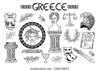 Set of ancient elements of Ancient Greece and Rome, hand-drawn in sketch style. Gorgon Medusa. Head of Perseus, vase with exploit, laurel wreath, statues, sword, columns of Ionic and Doric order.