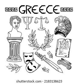 Set of ancient elements of Ancient Greece and Rome, hand-painted in sketch style. Perseus head, laurel wreath, statues, sword, Ionic and Doric order columns. Gifts of the Gods. Mythology.