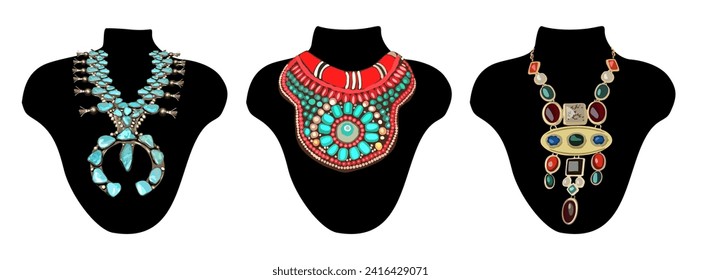 Set of Ancient Ethnic Necklaces vector isolated.