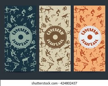 Set of ancient ethnic petroglyph stone drawings of kola saami flyer design. Cave man vector greeting card illustration