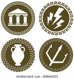 Set of ancient flat logos with temple, Zeus lightning, amphora and trident of Poseidon. The symbols of antiquity and Greece. Greek history and mythology 