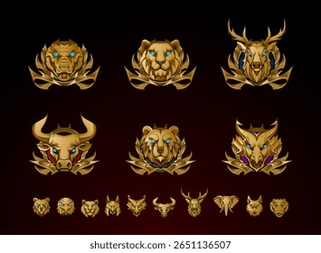 set of ancient golden medieval animal head of bull, deer, bear, eagle, lion, dragon, elephant, wolf, crocodile, anubis for rpg game symbol elements with tier badge medal