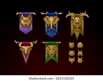 set of ancient golden medieval animal head of bull, deer, bear, eagle, lion, dragon, elephant, wolf, crocodile, anubis for rpg game symbol elements with banner flag of clan