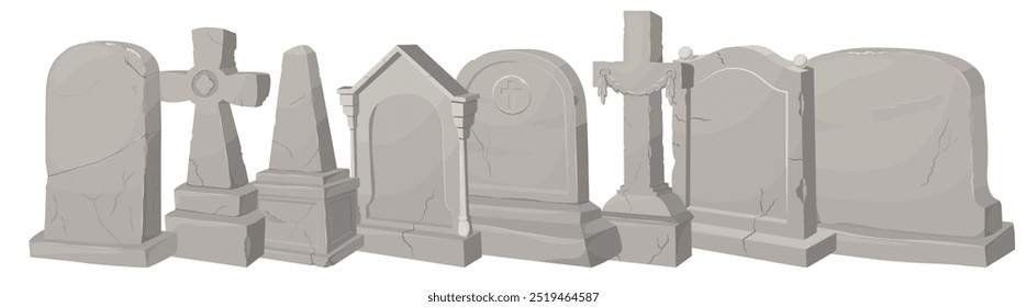 Conjunto de lápida antigua para el diseño del tema del cementerio. Vacaciones de otoño de todos los santos. Celebración de Halloween. Funerarias y ceremonias de despedida para los muertos. Ilustración vectorial