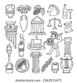 Set of Ancient Greece. Antique column, vases, harp, olive branch, coin, architecture, scales, warrior, horse head, torch. Ancient Greek style. Doodle. Vector illustration. Hand drawn. Outline.