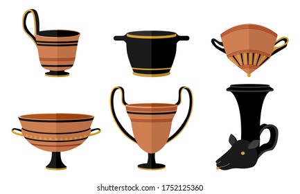 Set ancient Greece drinking cup rhyton, kantharos, skyphos, mastos, kyathos, cylix. Kit clay antiquity wine cup with patterns on white background in style flat vector illustration.