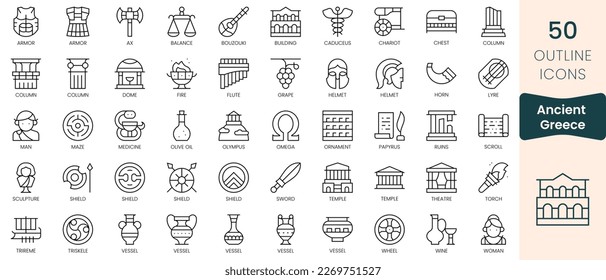 Conjunto de antiguos íconos de grecia. Iconos de estilo lineal delgado Empaquetar. Ilustración vectorial