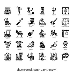 Set of ancient greece thin line and pixel perfect icons for any web and app project. 