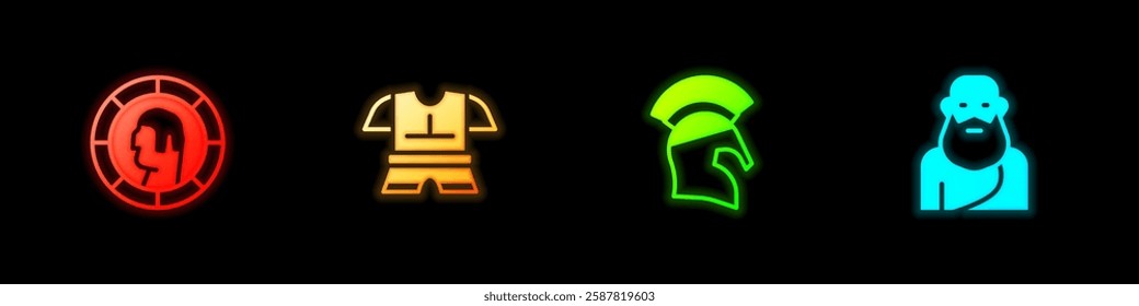 Set Ancient Greek coin, Body armor, helmet and Socrates icon. Vector