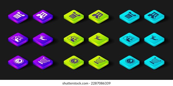 Set Ancient Greek coin, lyre, ruins, Hunting horn, Parthenon and column icon. Vector