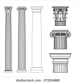 Set of ancient Greek columns. Doric, Ionic and corinthian style.