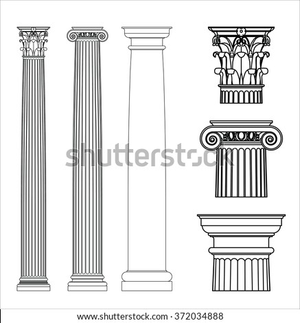 Set of ancient Greek columns. Doric, Ionic and corinthian style.