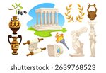 Set of ancient Greek cultural elements with statues, temple, vases, and scrolls on white background. Concept of classical civilization. Vector illustration