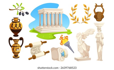 Set of ancient Greek cultural elements with statues, temple, vases, and scrolls on white background. Concept of classical civilization. Vector illustration