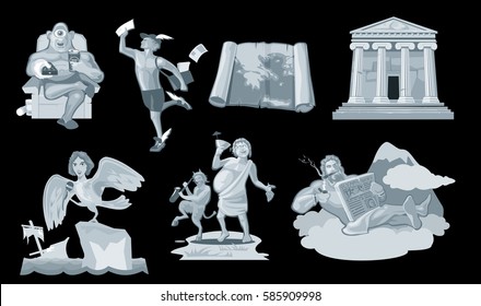 Set Ancient greek god in the present world. Dionysus, Zeus, cyclops, siren, satyr, Hermes. Isolated on dark background. Vector flat gray illustration.