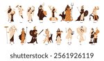 Set of ancient Greek gods and goddesses. Characters of Greece mythology. Different Olympians: Zeus, Poseidon, Dionysus, Athena, Aphrodite, Hera. Flat isolated vector illustrations on white background