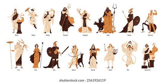 Set of ancient Greek gods and goddesses. Characters of Greece mythology. Different Olympians: Zeus, Poseidon, Dionysus, Athena, Aphrodite, Hera. Flat isolated vector illustrations on white background