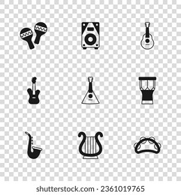 Set Ancient Greek lyre, African percussion drum, Tambourine, Balalaika, Guitar, Maracas, Stereo speaker and Electric bass guitar icon. Vector