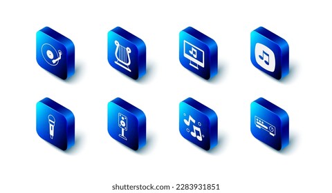 Set Ancient Greek lyre, Computer with music note, Music note, tone, Sound mixer controller, Stereo speaker, Microphone and Vinyl player icon. Vector