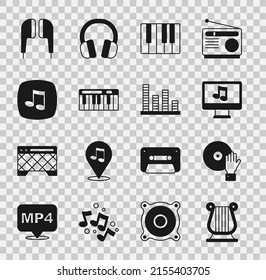 Set Ancient Greek lyre, DJ playing music, Computer with note, Music synthesizer, tone, Air headphones and equalizer icon. Vector