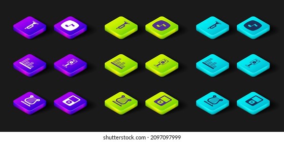 Set Ancient Greek lyre, Music player, equalizer, Stereo speaker, note, tone and Trumpet icon. Vector