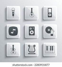 Set Ancient Greek lyre, Music synthesizer, DJ playing music, Stereo speaker, Electric bass guitar, note, tone, Microphone and player icon. Vector