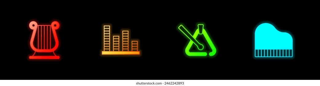 Set Ancient Greek lyre, Music equalizer, Triangle musical instrument and Grand piano icon. Vector