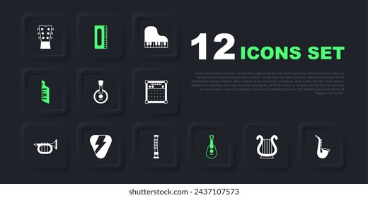 Set Ancient Greek lyre, Saxophone, Banjo, Guitar, Keytar, pick, Harmonica and Flute icon. Vector