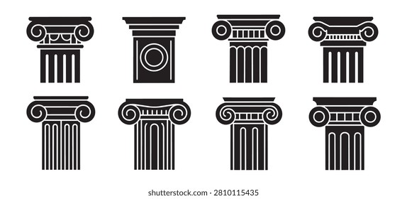 Set of Ancient Greek Marble Columns with Ionic Classical Pillars Isolated Vector Illustration for Architecture Temple Building and Antique Design