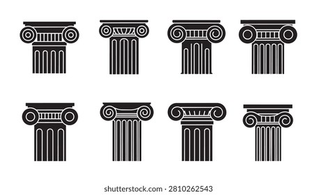 Set of Ancient Greek Marble Ionic Columns with Classical Stone Pillars Isolated Vector Illustration for Architecture Temple Building Roman Antique Design Icon