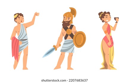 Set of ancient Greek noble people in traditional clothes cartoon vector illustration