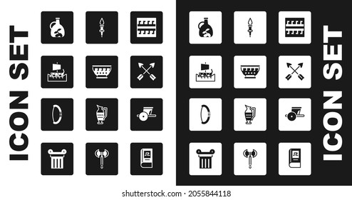 Set Ancient Greek pattern, ancient bowl, trireme, Bottle of olive oil, Crossed arrows, Torch flame, chariot and Medieval icon. Vector