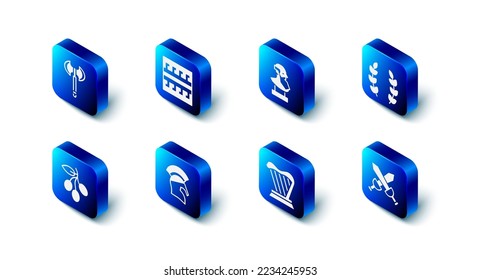 Set Ancient Greek pattern, bust sculpture, Laurel wreath, Crossed medieval sword, Harp, helmet, Olives branch and Medieval axe icon. Vector