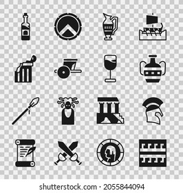 Set Ancient Greek pattern, helmet, amphorae, chariot, Broken ancient column, Bottle of wine and Wine glass icon. Vector