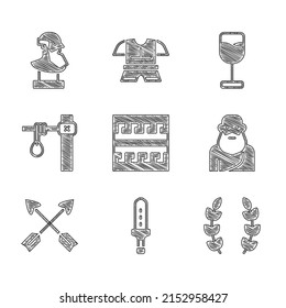 Set Ancient Greek Pattern, Medieval Sword, Laurel Wreath, Socrates, Crossed Arrows, Gallows, Wine Glass And Bust Sculpture Icon. Vector