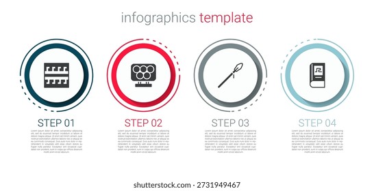Conjunto de patrón griego antiguo, anillos olímpicos, lanza medieval y libro de historia. Plantilla de infografía de negocios. Vector