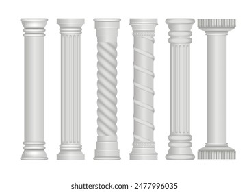 Set of ancient greek pillar set collection, Marble antique columns and pillars of roman and greek architecture elements, Roman columns, White stone pillars with ornate capitals, vector illustration.