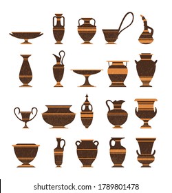 Set of ancient greek pottery amphorae, vases with patterns, decorations. Collection of clay pots, old jugs and amphoras isolated icons on white background. Symbols of antiquity, archaeological finds.